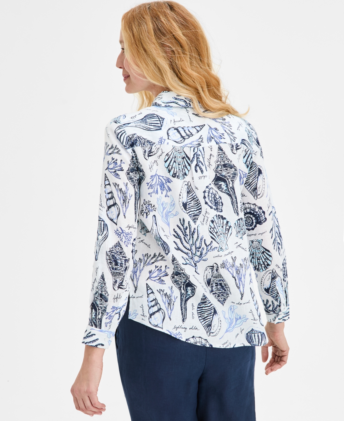 CHARTER CLUB WOMEN'S PRINTED 100% LINEN ROLL-TAB SHIRT, EXCLUSIVELY AT MACY'S 