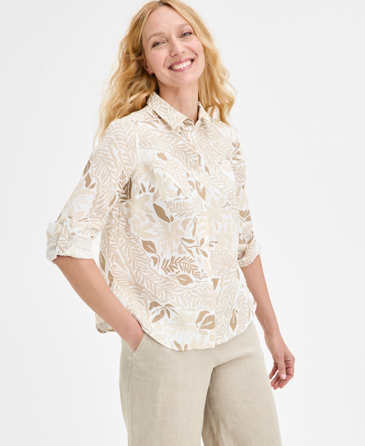 CHARTER CLUB PETITE BHAVANA MULTI FLORAL PRINT LINEN SHIRT, EXCLUSIVELY AT MACY'S 
