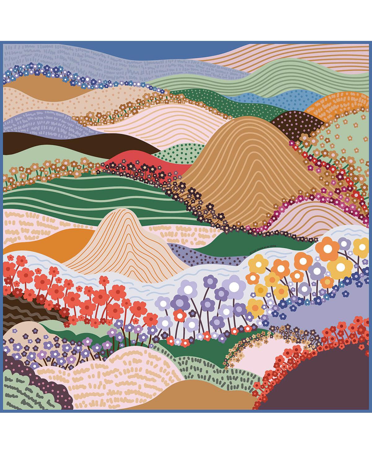 Double Sided Wool Silk Scarf Of Floral Mountain - Blue / brown