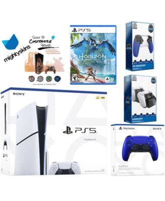 Playstation 5 Slim Disc Bundle with Horizon Forbidden West, Extra Controller, Trigger Stop Kit, Dual Charge Dock and MightySkins Decal Voucher