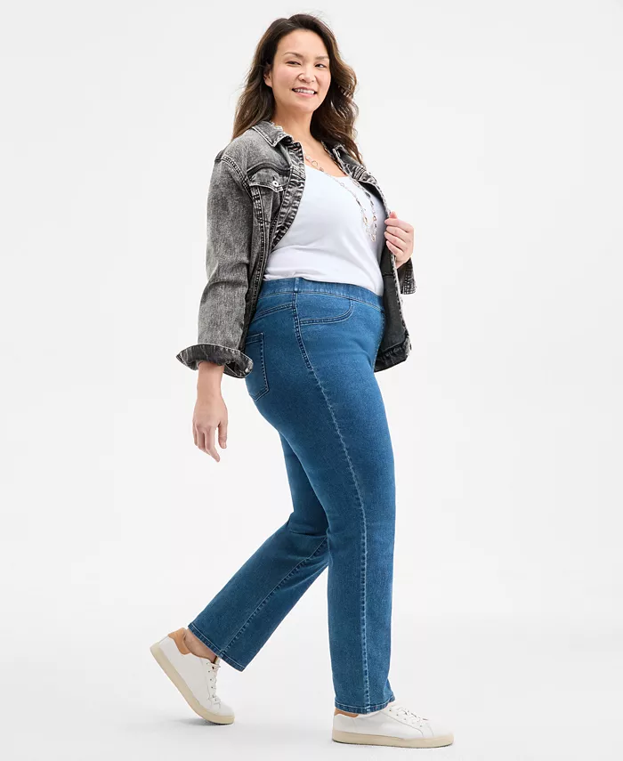 Plus Size Straight-Leg Pull-On Jeans - thumbnail 2