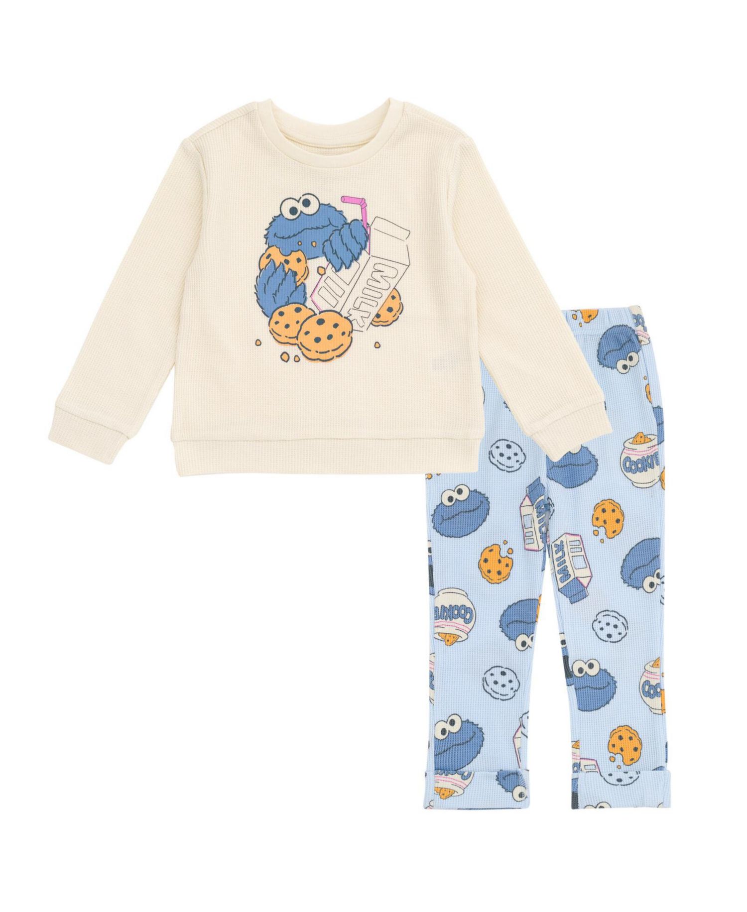 Little Boys Cookie Monster Waffle Knit Pullover Sweatshirt and Jogger Pants Outfit Set