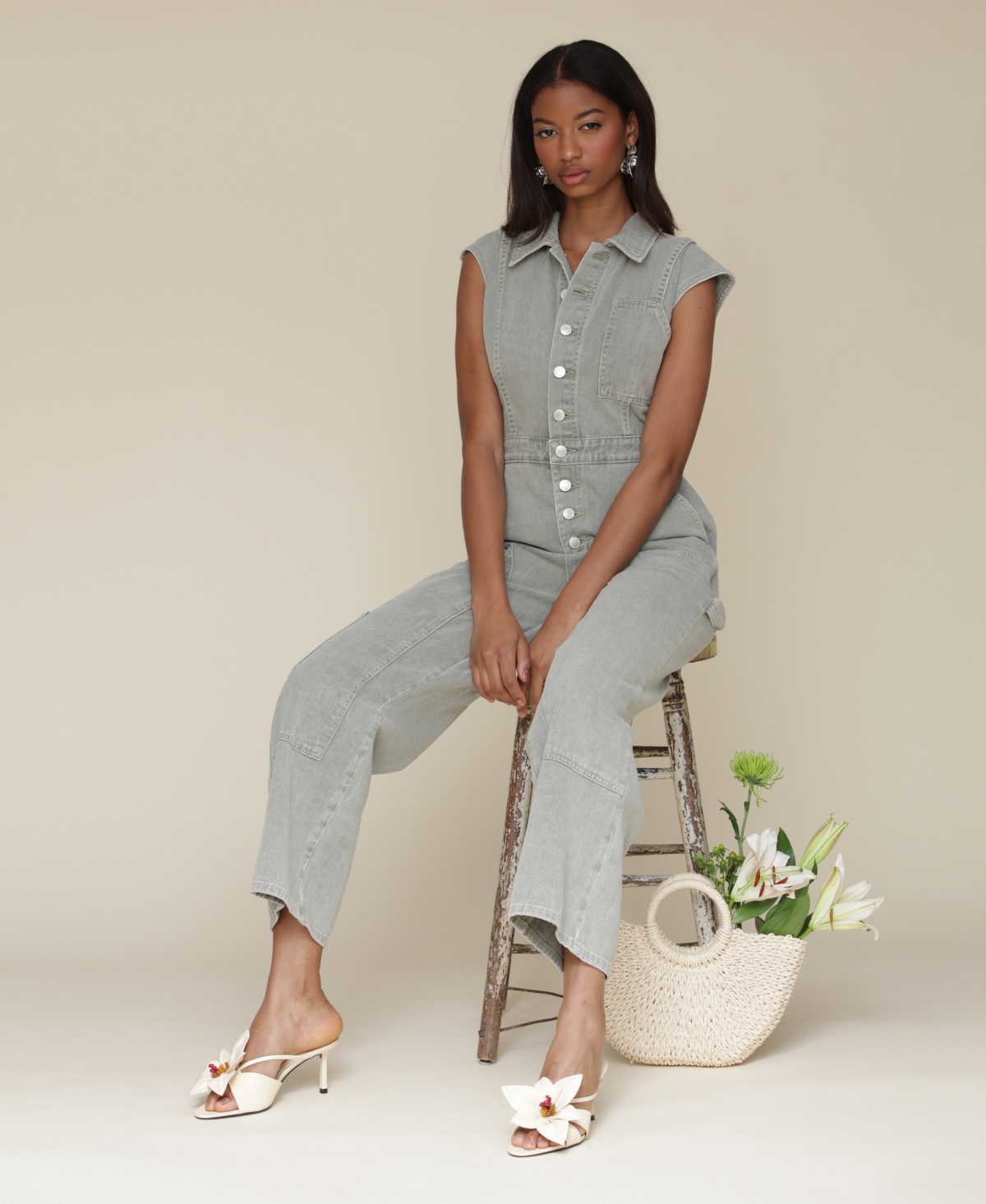 Shop Avec Les Filles Women's Cotton Carpenter Jumpsuit In Spring Sage