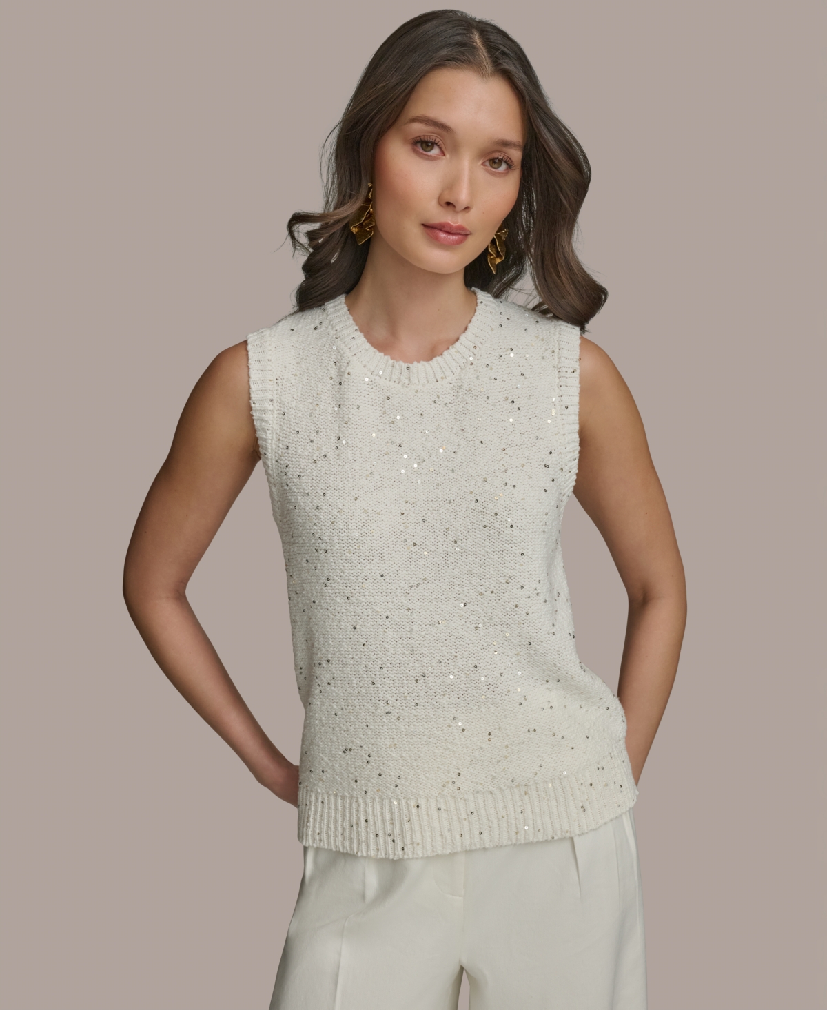 Shop Donna Karan Women's Sequined Sleeveless Sweater In Cream