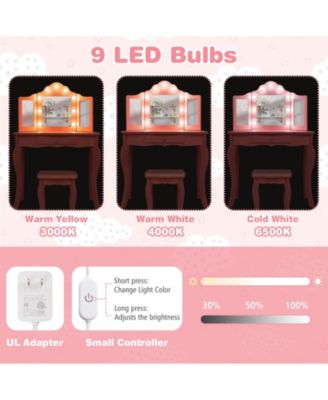 Kid Vanity Table Stool Set with Tri-Folding Mirror and 3-Color LED Lights