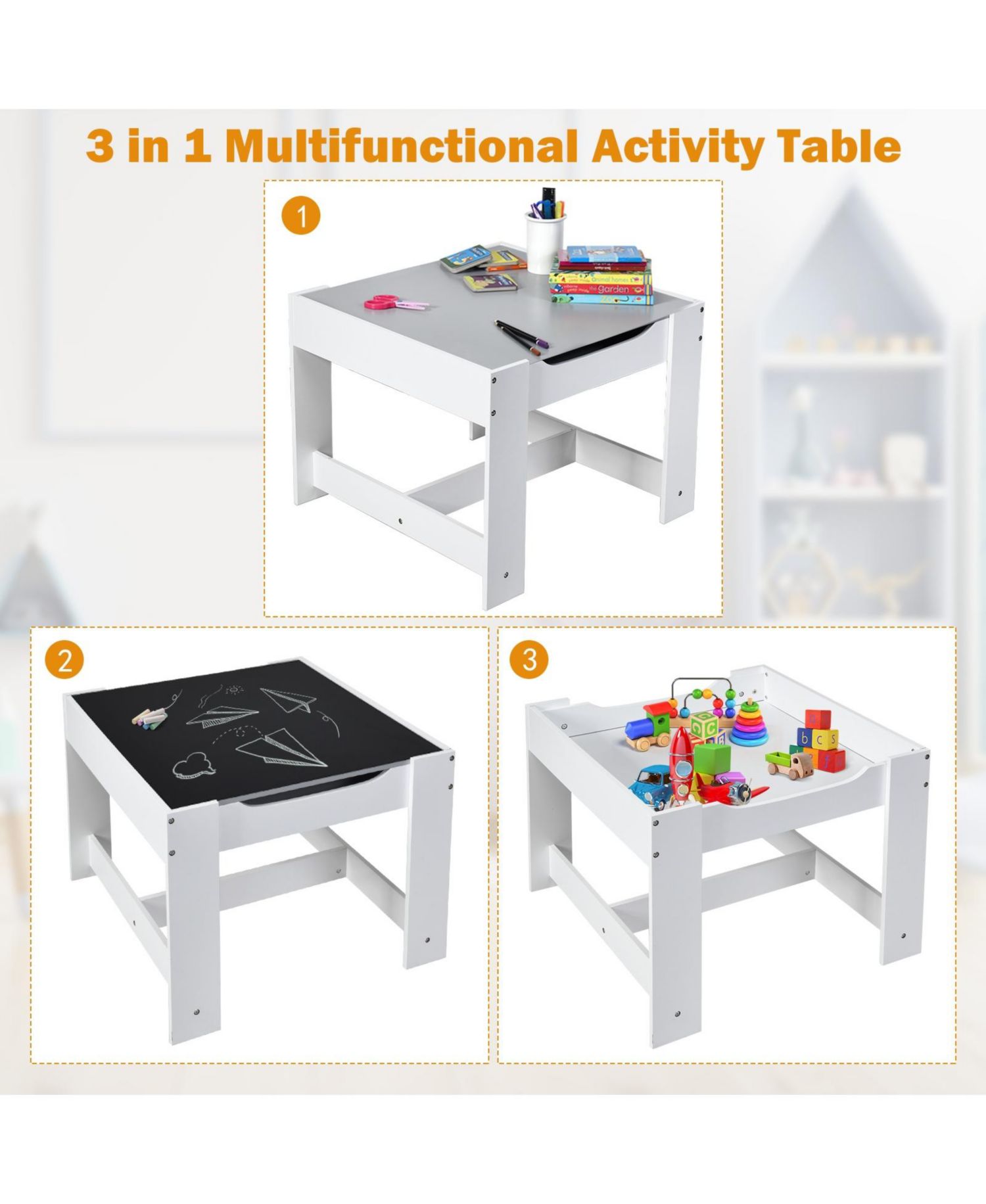 Kids Table Chairs Set with Storage Boxes Blackboard Whiteboard Drawing