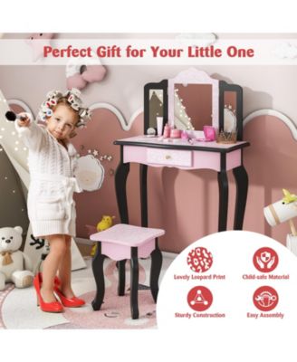 2 in 1 Princess Dressing Table Writing Desk with Cute Leopard Print 3 Makeup Accessories