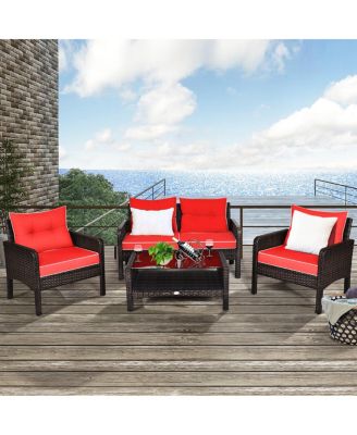 4PCS Patio Rattan Furniture Set Loveseat Sofa Coffee Table Garden W/Red Cushion