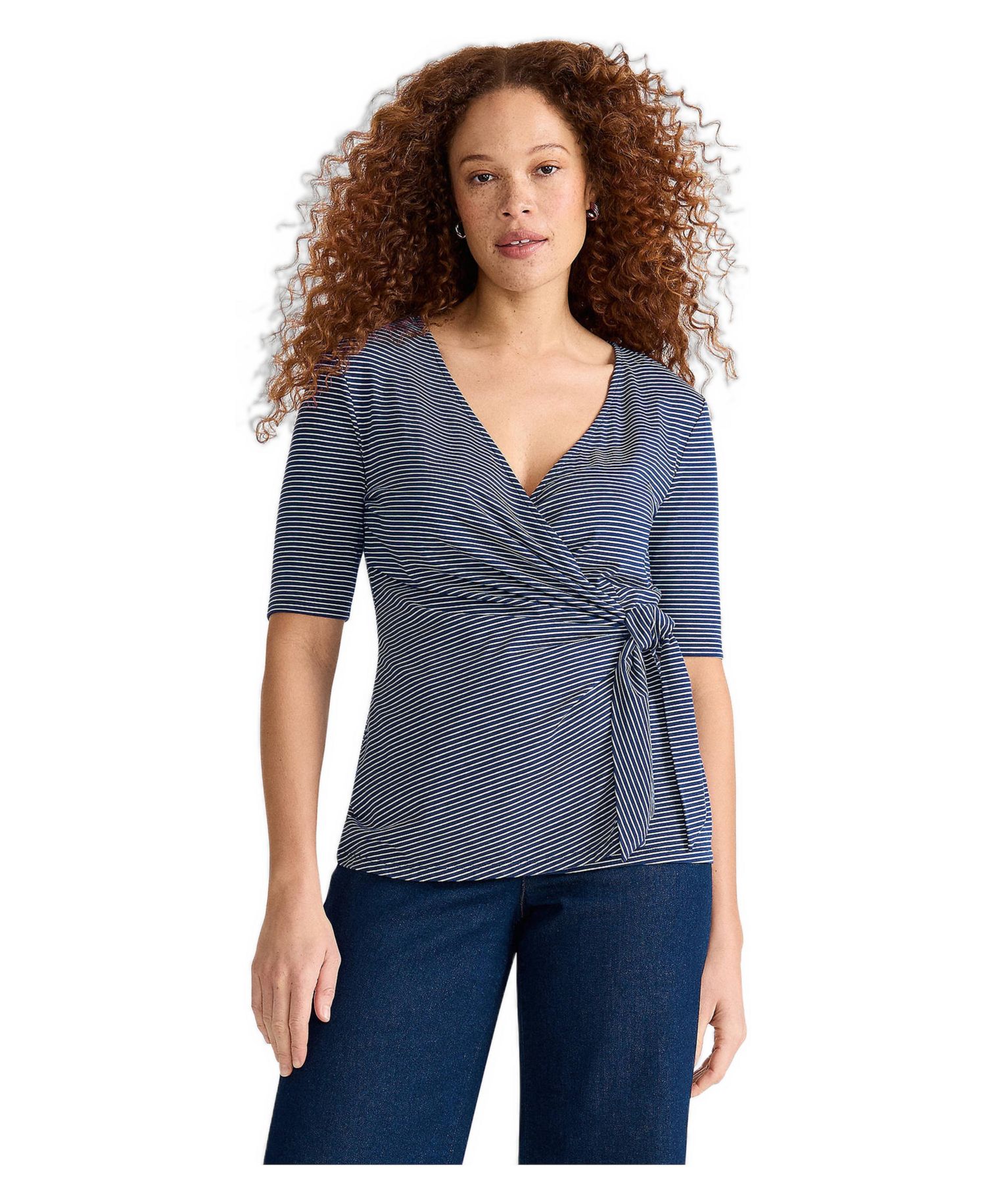 Women's Petite Elbow Sleeve Lightweight Jersey Side Tie Blouse