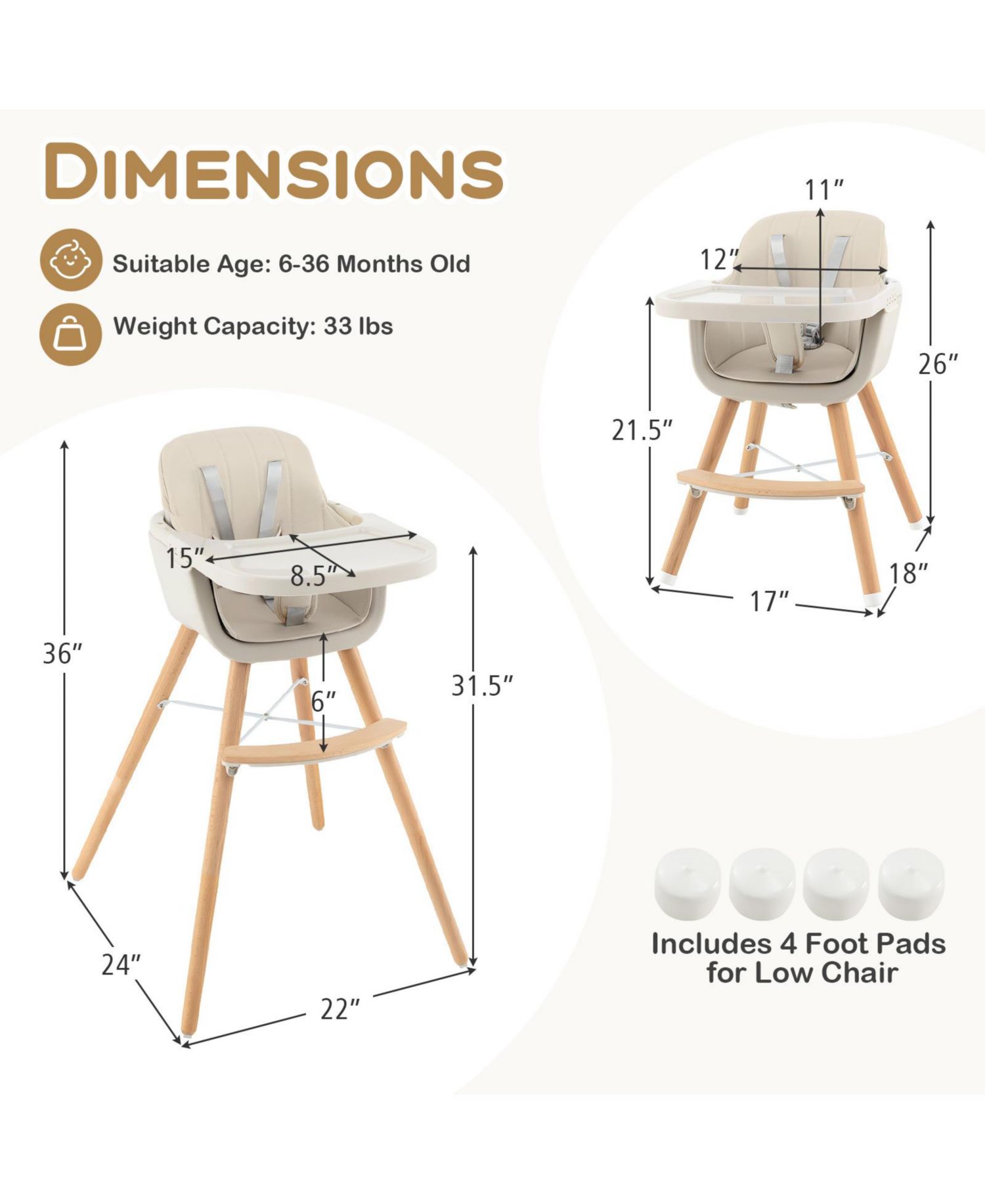 3-in-1 Convertible Wooden Baby High Chair with Cushion