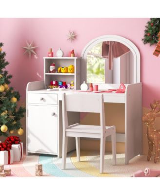 Kids Vanity Table and Chair Set with Shelves Drawer and Cabinet