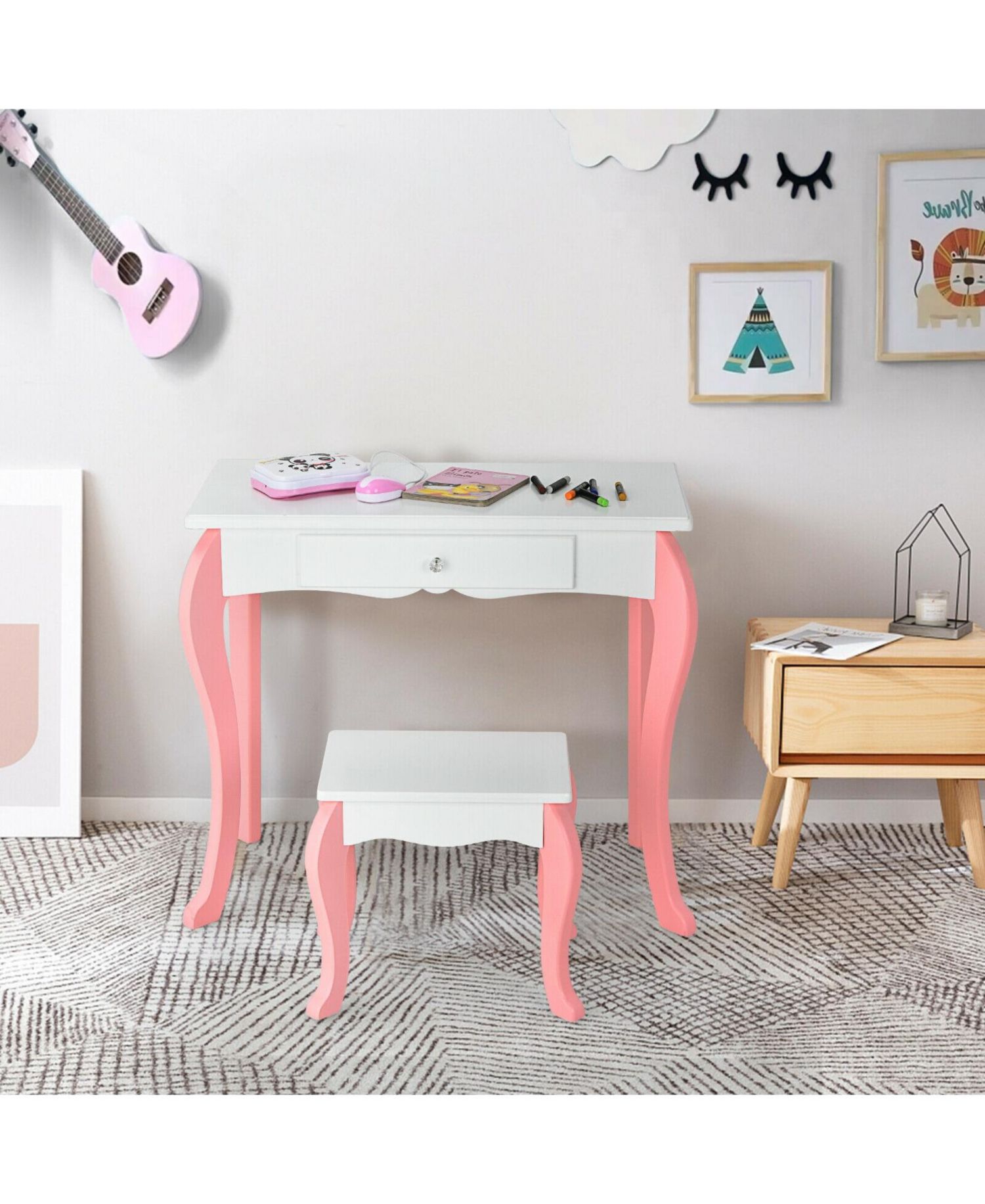 Kids Vanity Princess Makeup Dressing Table Stool Set with Mirror and Drawer