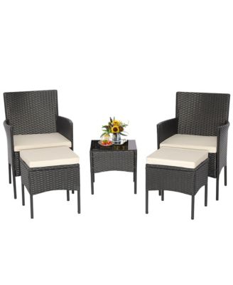 5 Piece Patio Rattan Conversation Set Outdoor Wicker Sofa Set  with 2 Ottomans