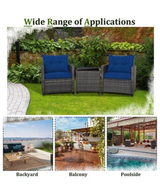 3 Piece Patio Rattan Wicker Sofa Set  w/ Cushions Glass Tabletop