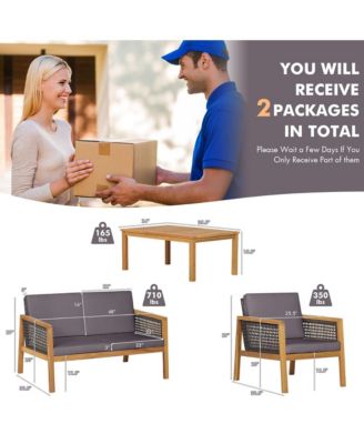 4 Piece Patio PE Rattan Conversation Set Acacia Wood Furniture Set  w/ Cushions