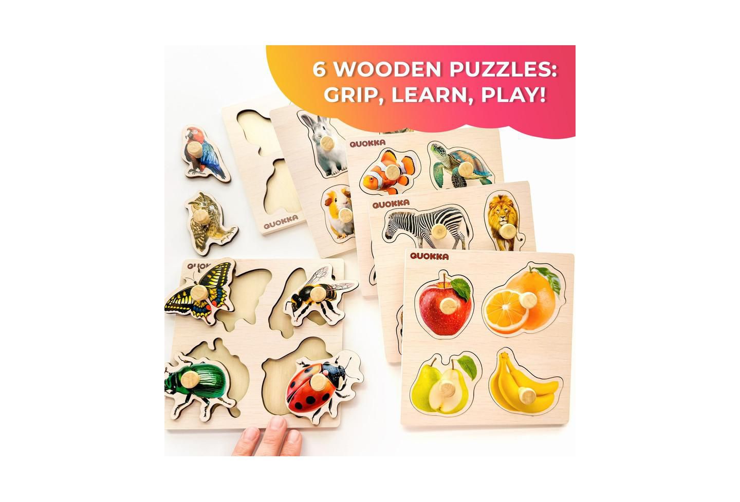 Детский пазл Quokka Wooden Puzzles for Toddlers 1-3 – Pegged Puzzles for Kids, цвет: Fruits And Animals — фото 2