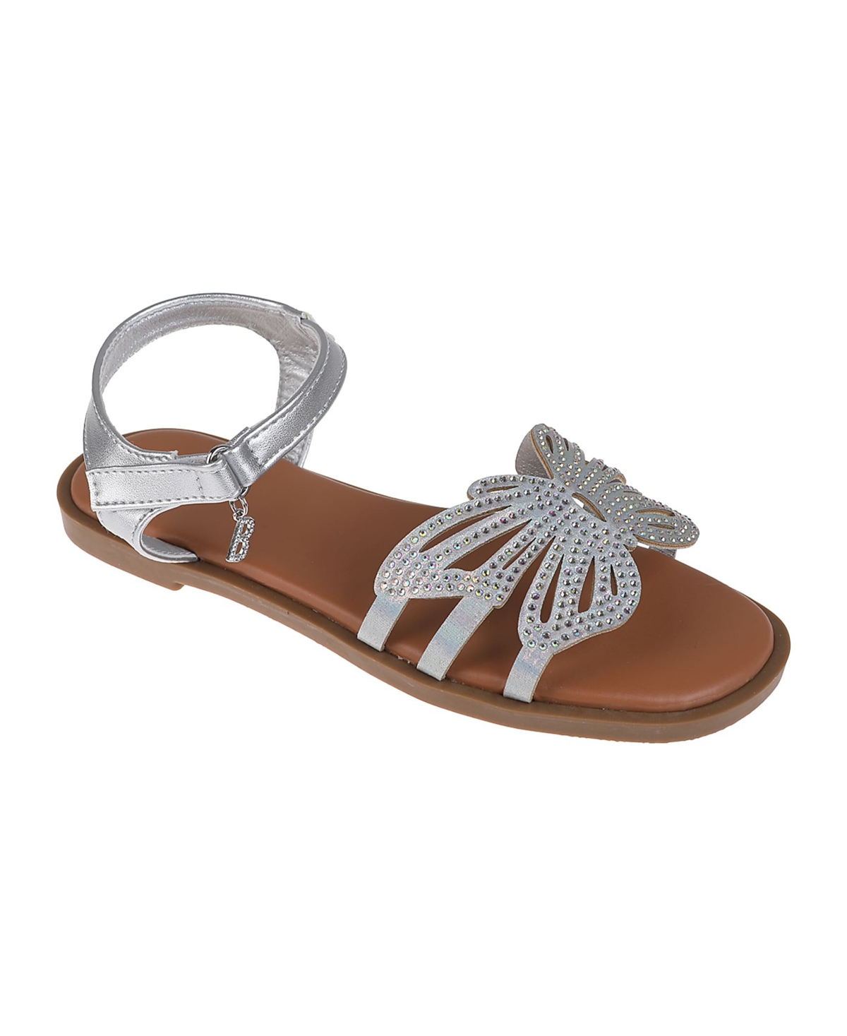 Bebe Little Girls Flat With Butterfly Rhinestone Welt Sandals In Silver