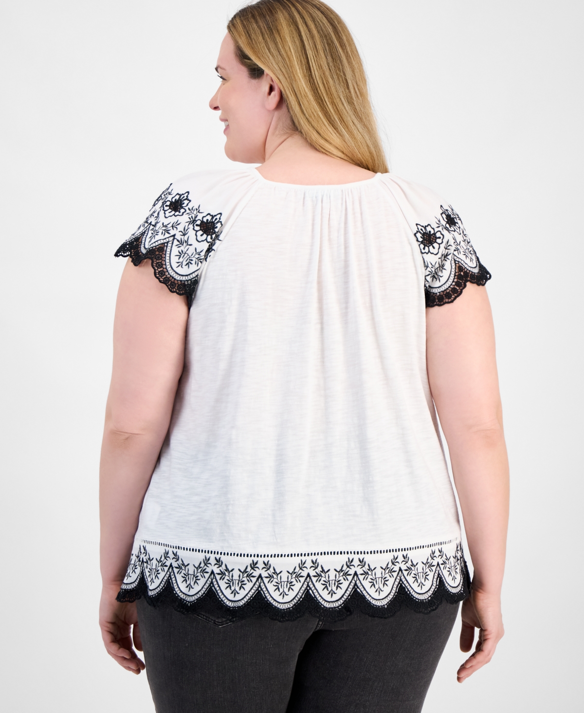 Style & Co Plus Size Scalloped-hem Flutter-sleeve Top, Exclusively At Macy's In Flutter White