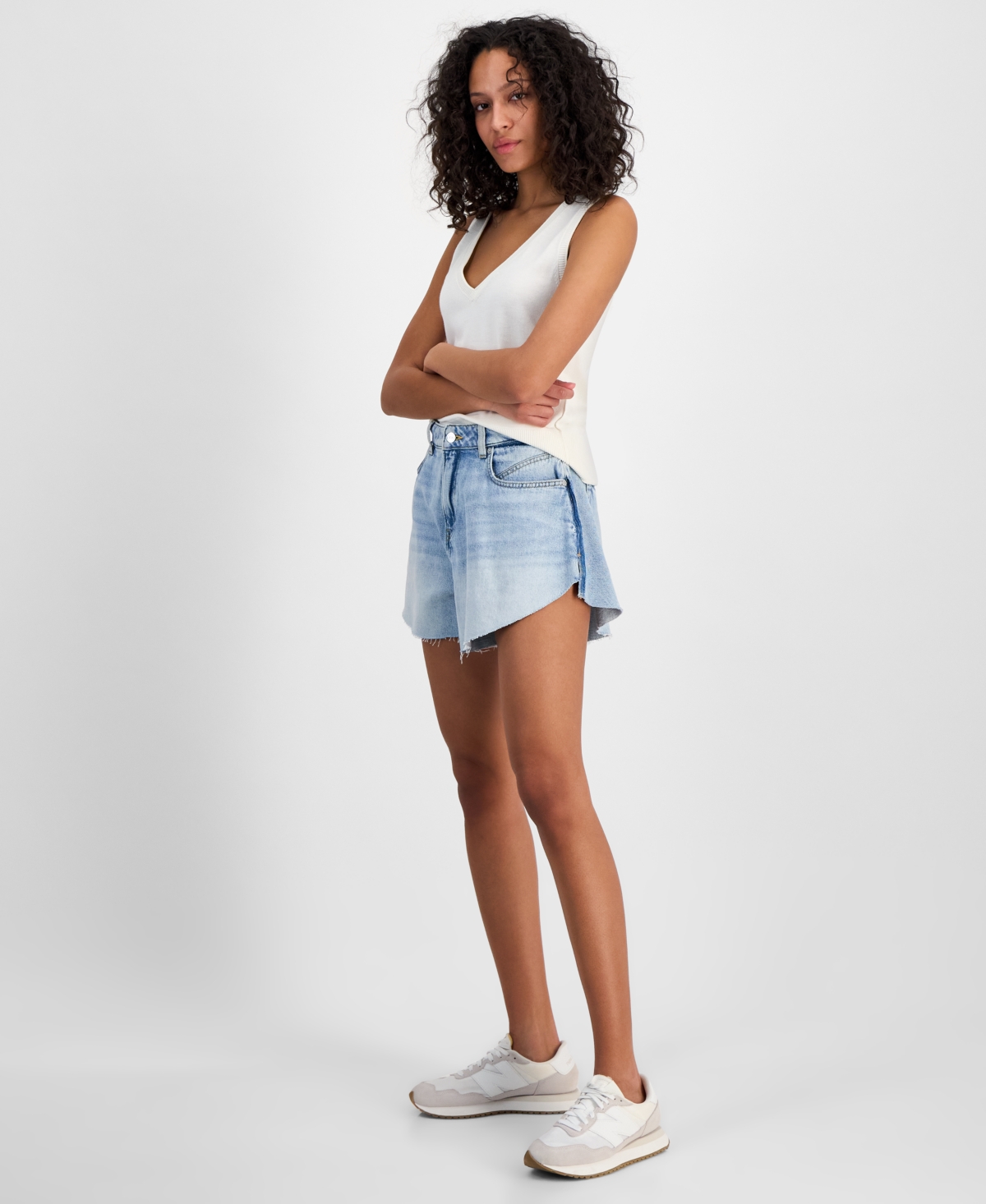 HUGO BOSS WOMEN'S RAW SHAPED-HEM DENIM SHORTS 