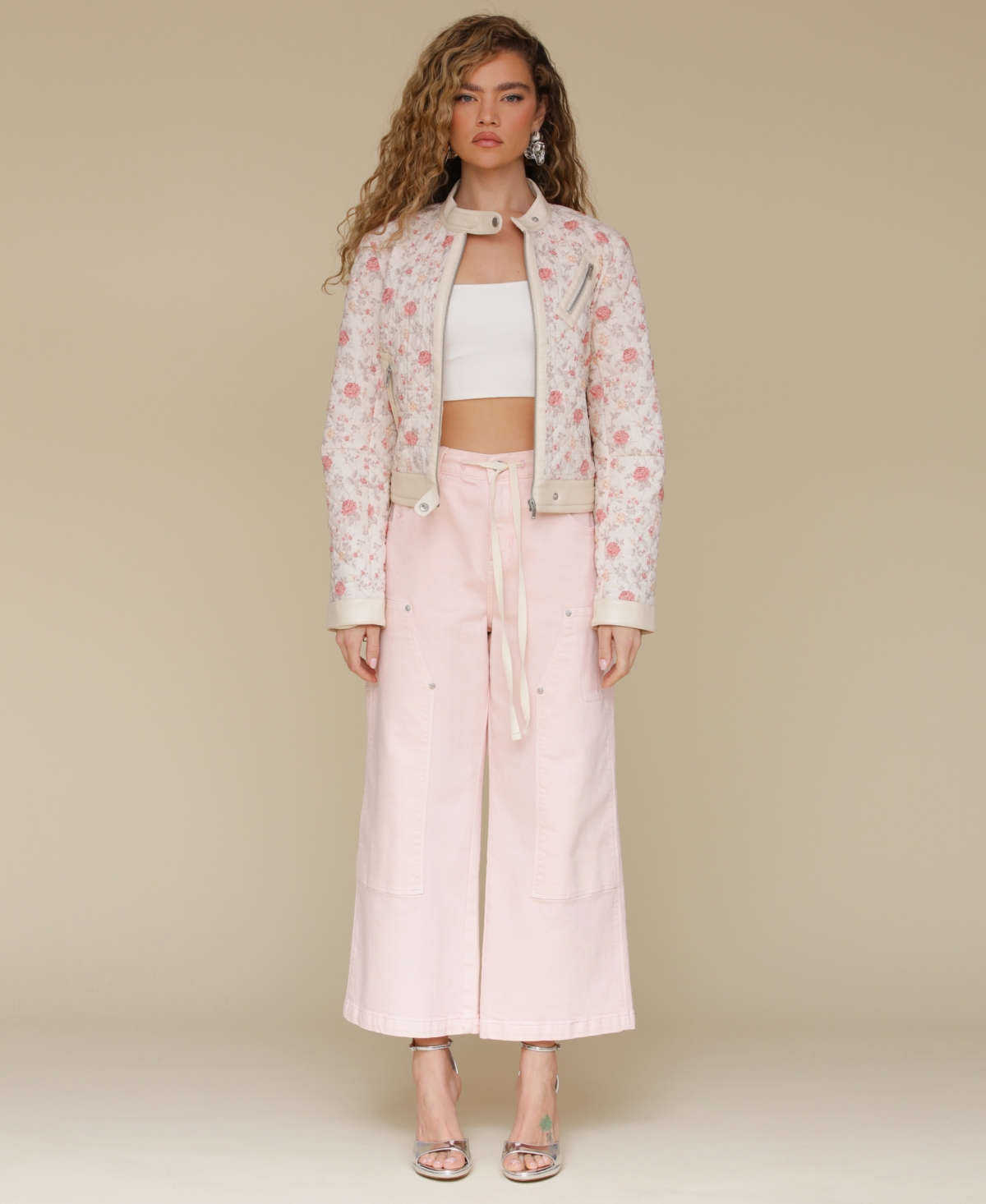 Shop Avec Les Filles Women's Quilted Cropped Moto Jacket In Soft Pink Floral