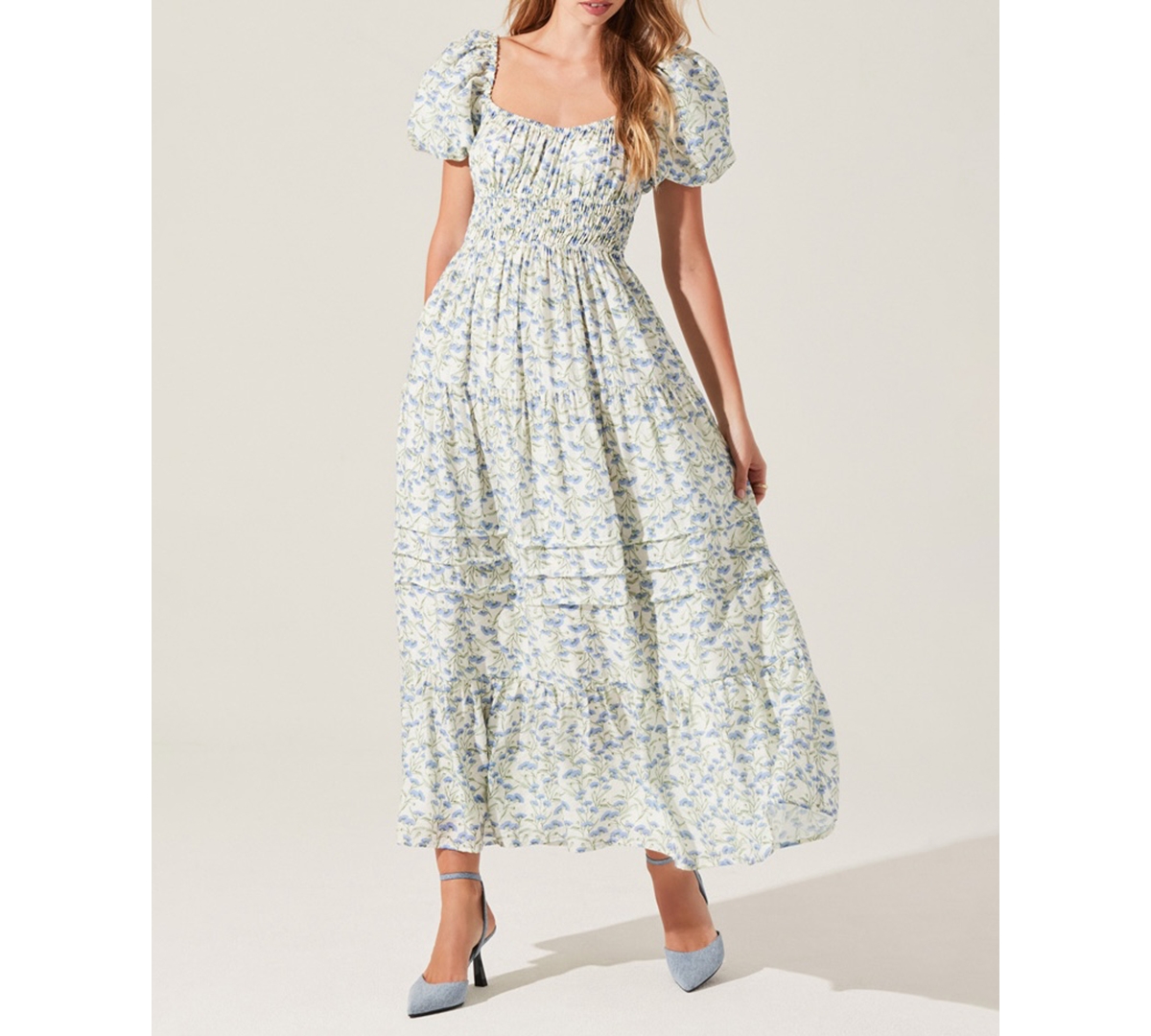 Women's Florentina Puff-Sleeve Maxi Dress - Cream Blue Floral