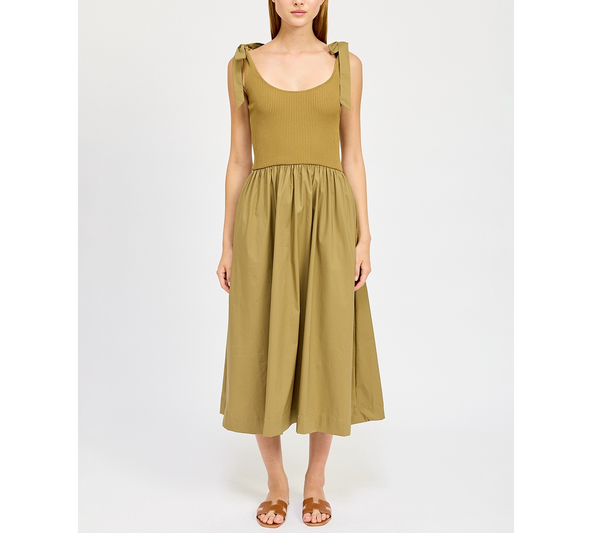 En Saison Wren Mixed Media Midi Dress In Khaki In Khaki