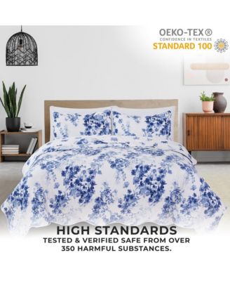 Blue Watercolor Florals Microfiber Quilt Set With Shams