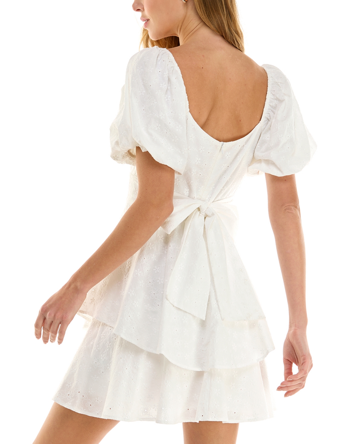 Crystal Doll Juniors' Embroidered Eyelet Puff-sleeve Dress In White
