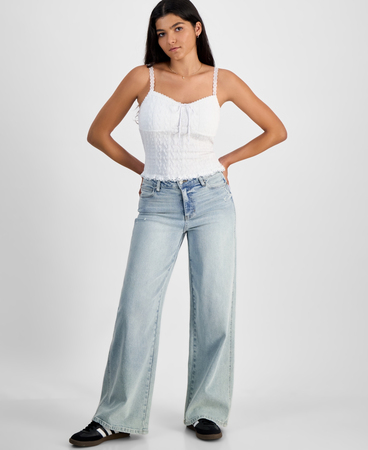 Just Polly Junior's Textured-knit Lace-trim Cami Top In Bright White