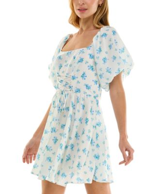 Juniors' Printed Lace-Up Bubble-Sleeve Skater Dress