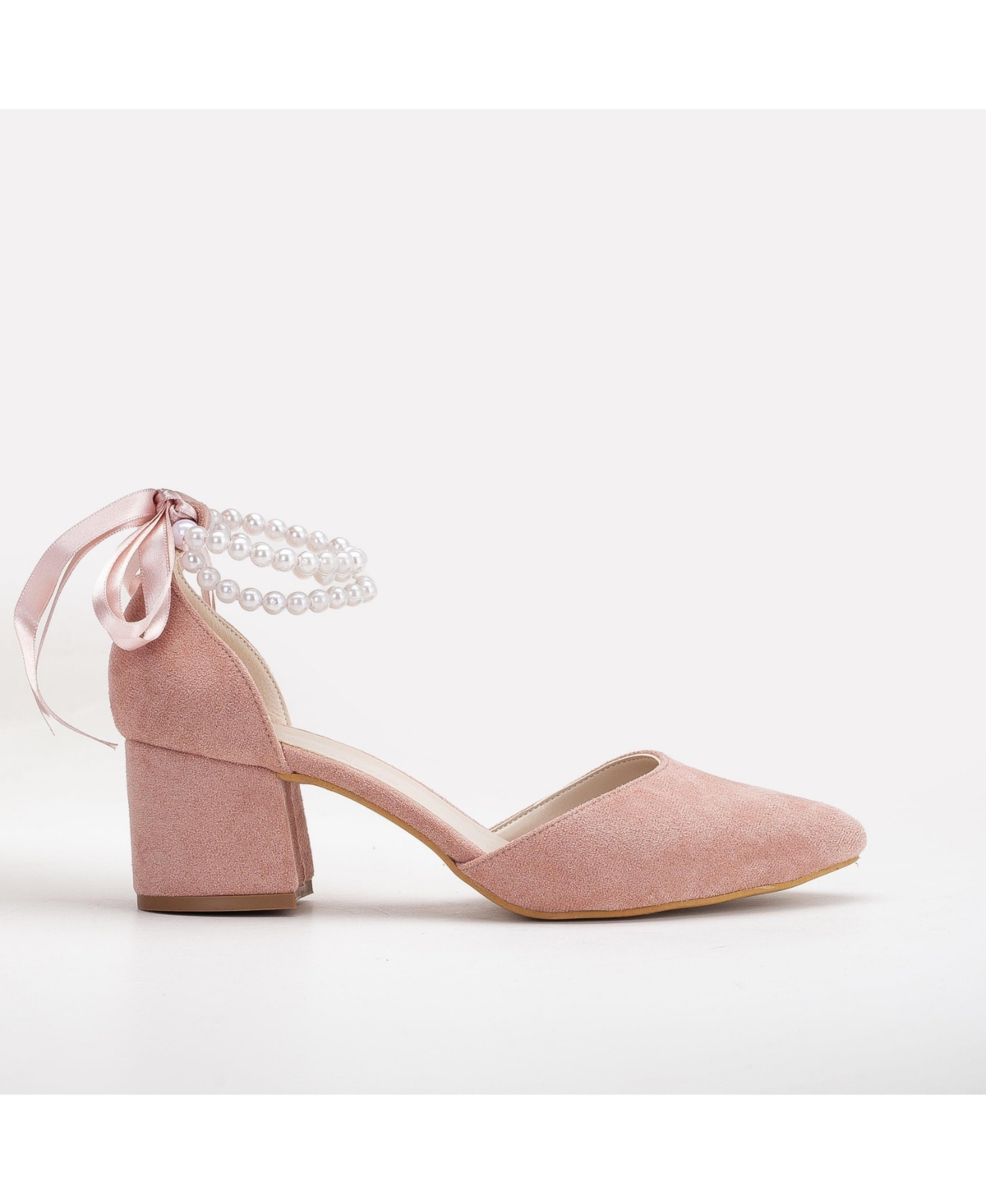 Miranda Low Block Heels with Pearls - Dusty pink faux suede