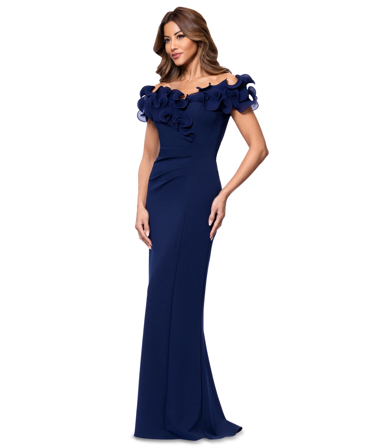 Xscape Petite Ruffled Sweetheart-neck Fit & Flare Gown In Navy