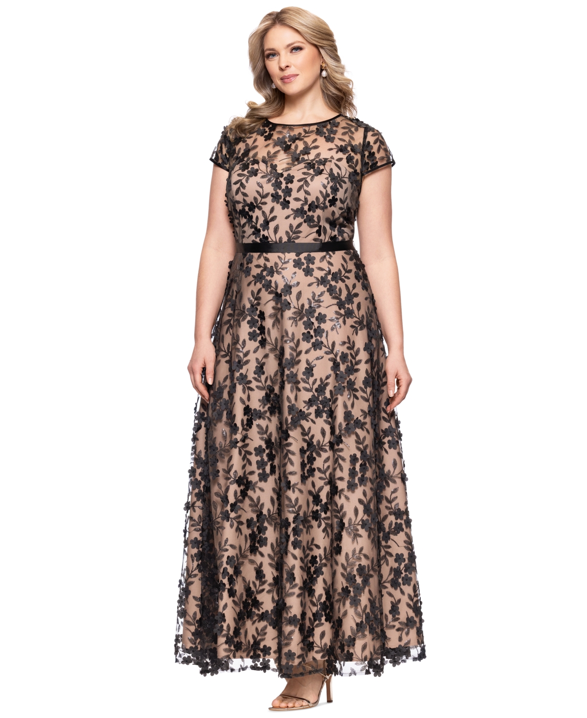 Xscape Plus Size Embellished 3d Flower Ball Gown In Black,nude