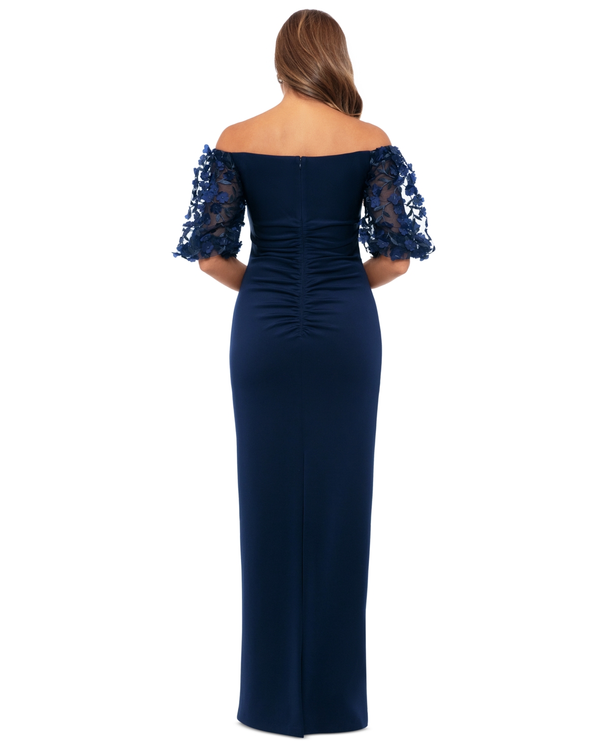 Xscape Petite Lace Off-the-shoulder Sleeve Gown In Navy