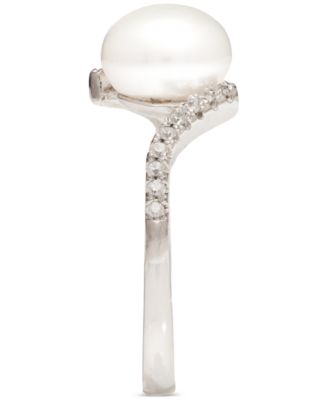 Cultured Freshwater Pearl (8mm) & Cubic Zirconia Bypass Swirl Ring in Sterling Silver