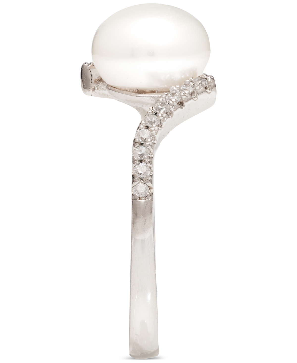 Macy's Cultured Freshwater Pearl (8mm) & Cubic Zirconia Bypass Swirl Ring In Sterling Silver