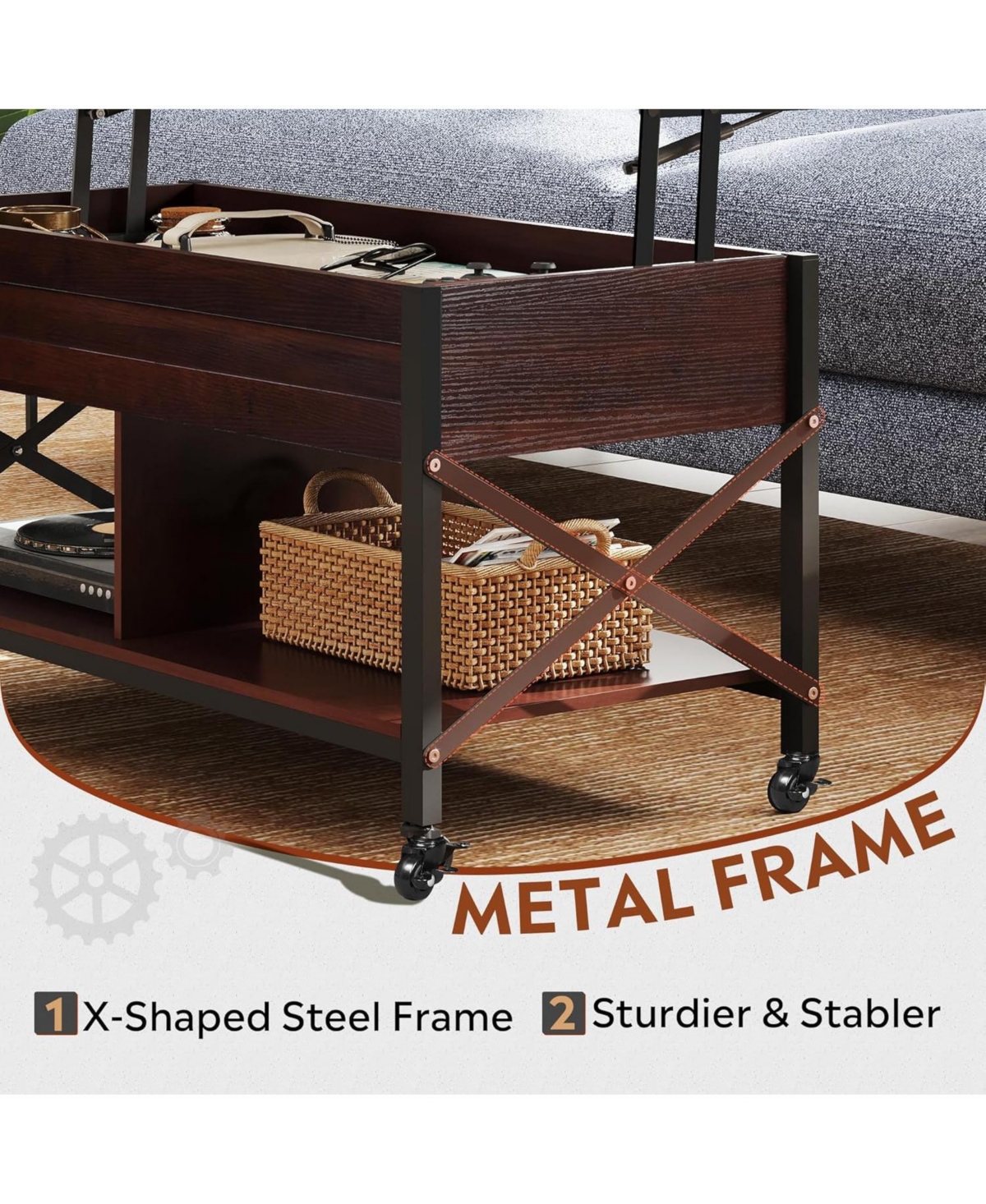 Wlive Lift Top Coffee Table for Living Room, Coffee Table with Storage, Hidden Compartment and Metal Frame, Central Table with 4 Casters for Reception