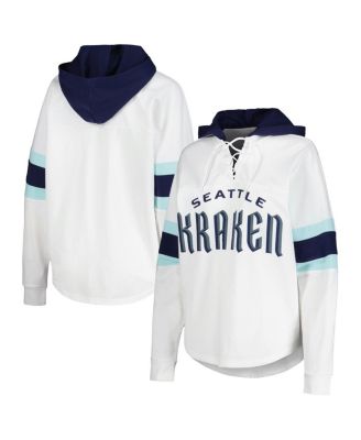 G-III 4Her by Carl Banks - Women's  White/Deep Sea Blue Seattle Kraken Goal Zone Long Sleeve Lace-Up Hoodie T-shirt