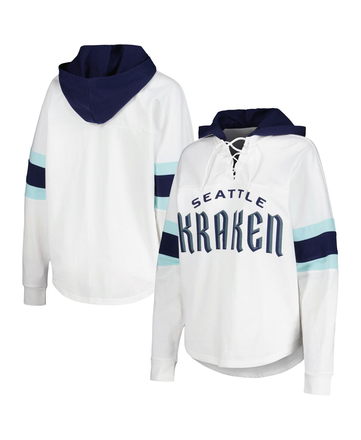 Women's White/Deep Sea Blue Seattle Kraken Goal Zone Long Sleeve Lace-Up Hoodie T-Shirt - White, Deep Sea Blue