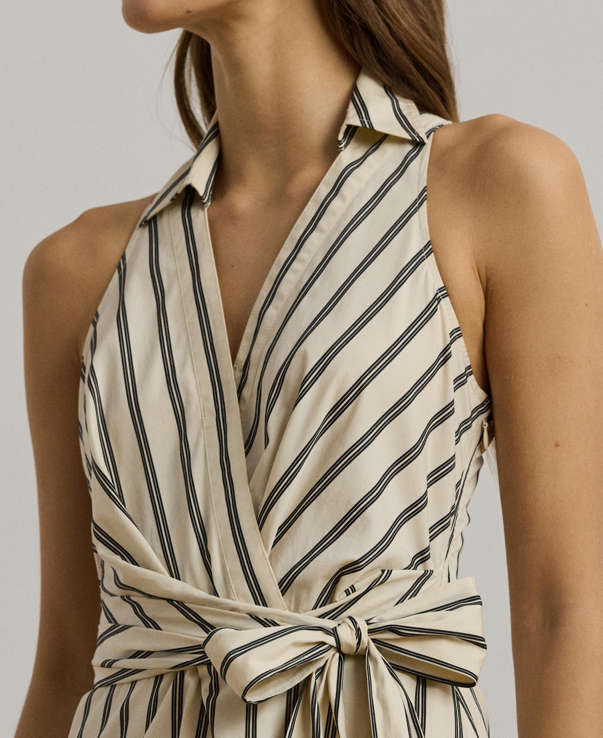 Ralph Lauren Striped Cotton Sleeveless Surplice Dress In Ivory Beige,black