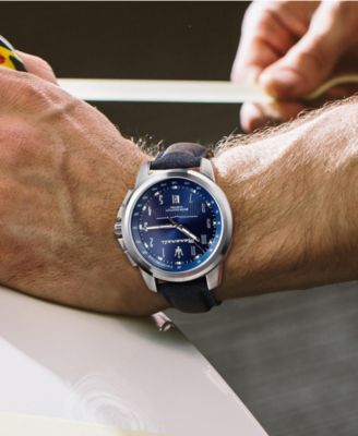 Men's Date Blue Leather Watch, 44mm