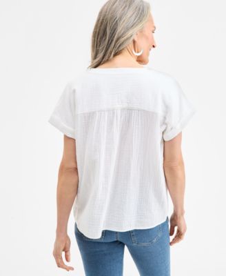 Women's Cotton Gauze V-Neck Short-Sleeve Top