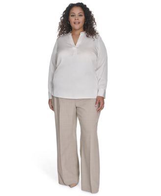 Plus Size Solid Charmeuse Split-Neck Blouse