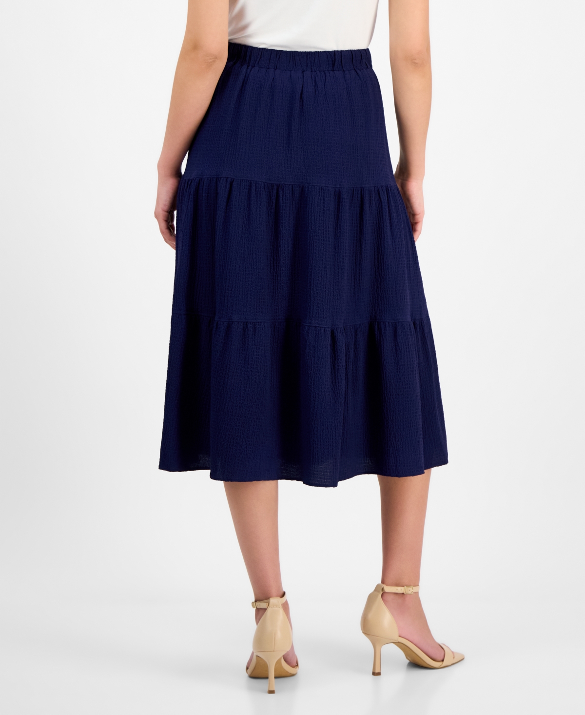 Shop Ak Anne Klein Petite Textured Three-tiered Pull-on Midi Skirt In Distant Mountain