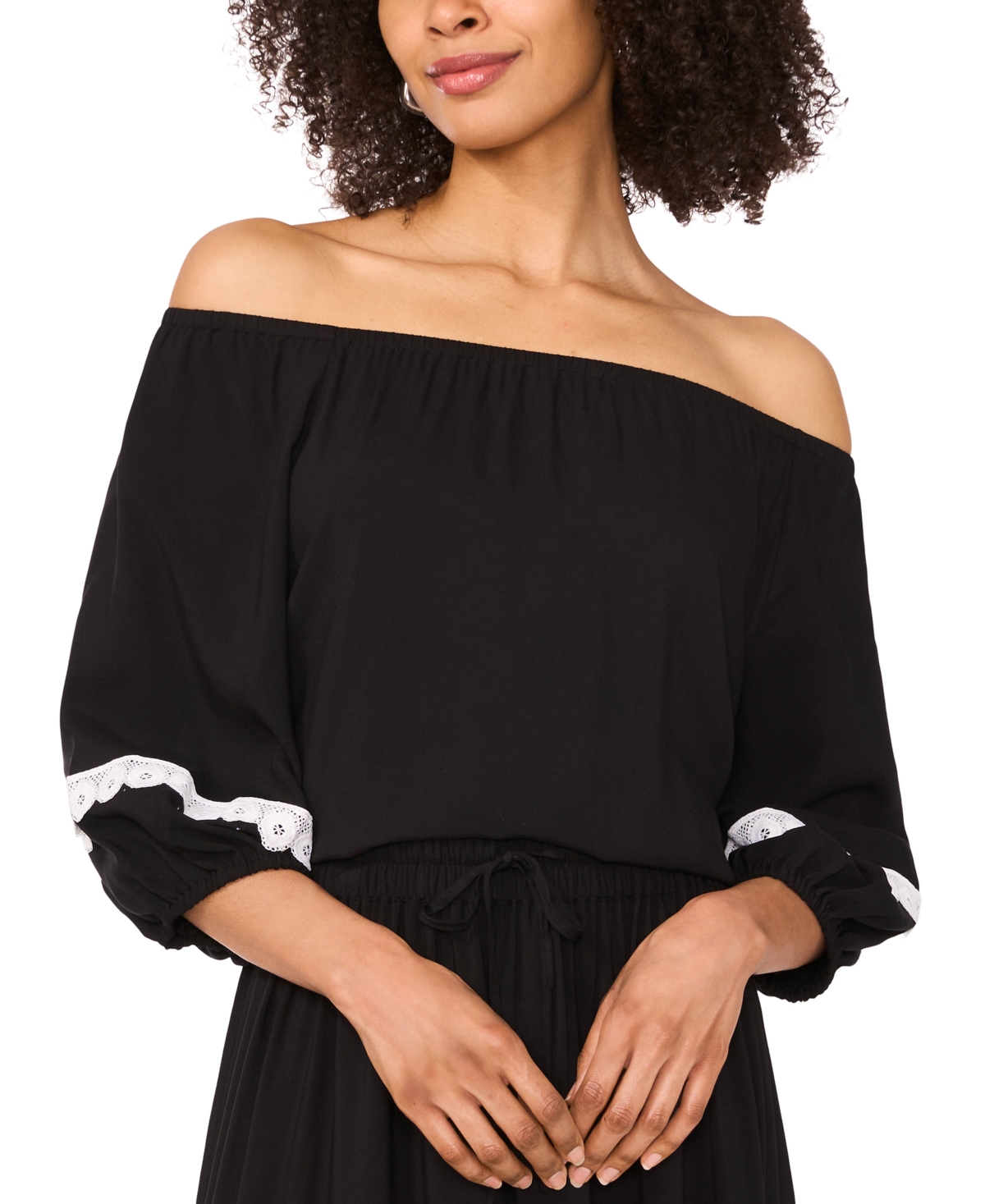 Women's Lace-Trim Off-The-Shoulder Top - Black