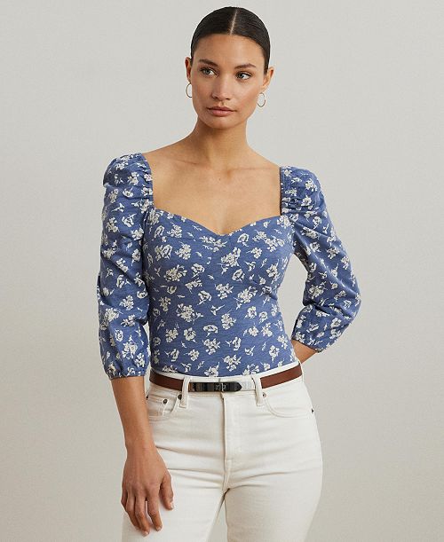 alfani Lauren Ralph Lauren Women's Floral Slub Jersey Puff-Sleeve Top Women's Fashion Shoes & Accessories