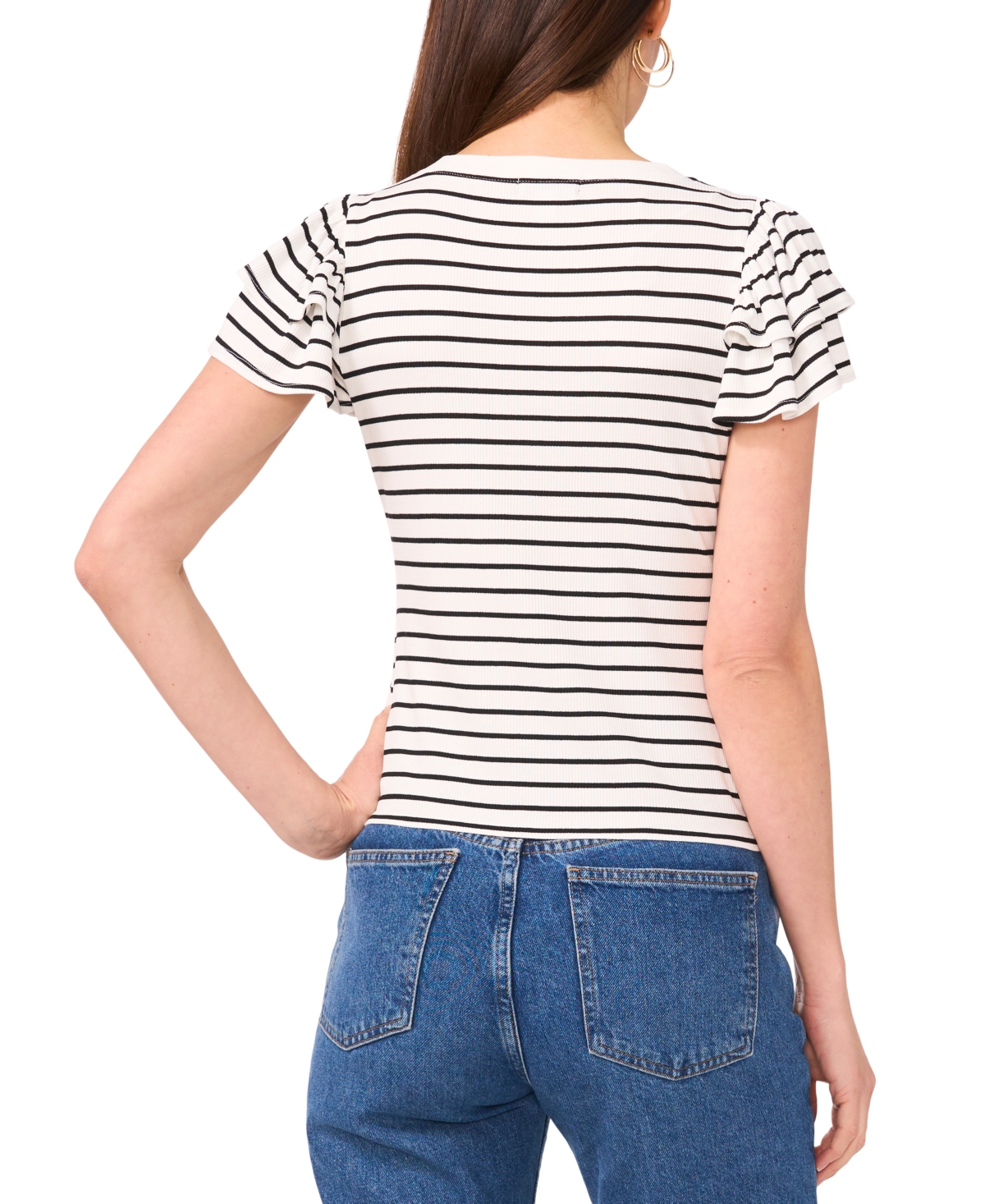 Sam & Jess Petite Ribbed Flutter-sleeve Striped Top In New Ivory