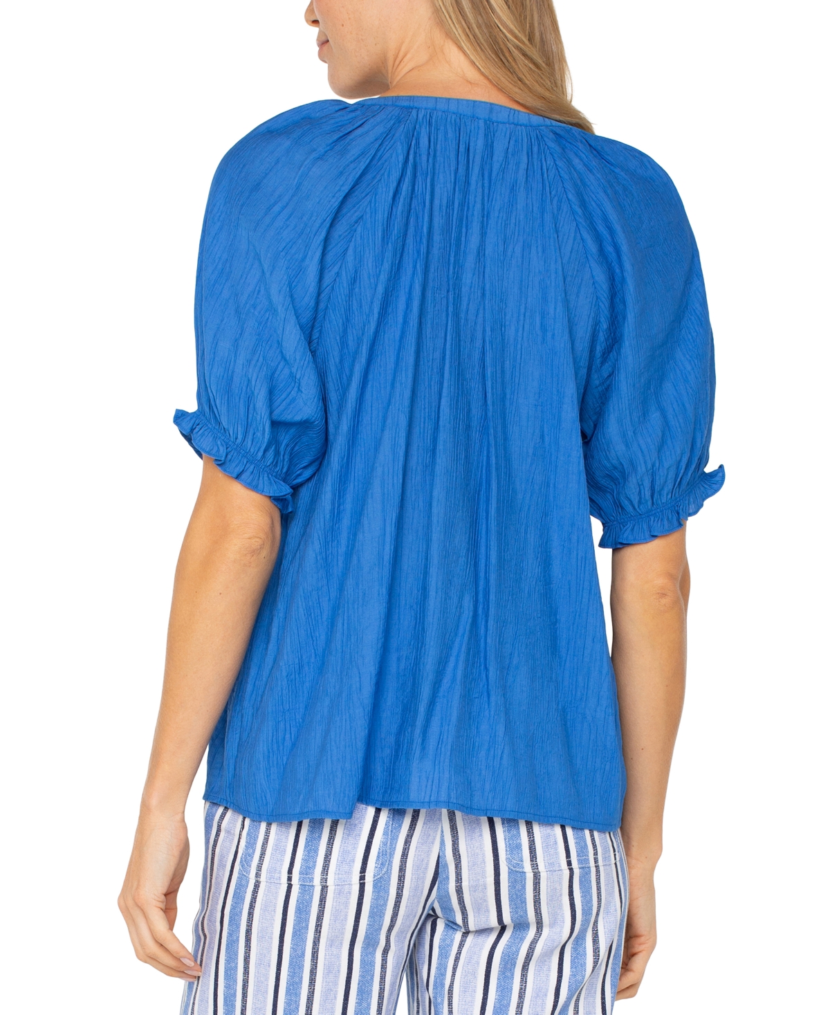 Liverpool Los Angeles Liverpool Plus Size Woven Split-neck Puff-sleeve Blouse In Cobalt
