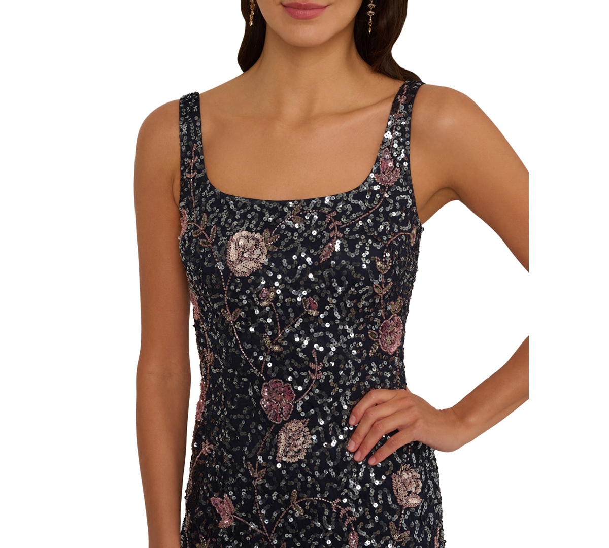 Shop Adrianna Papell Women's Square-neck Sleeveless Beaded Dress In Navy,pink Multi