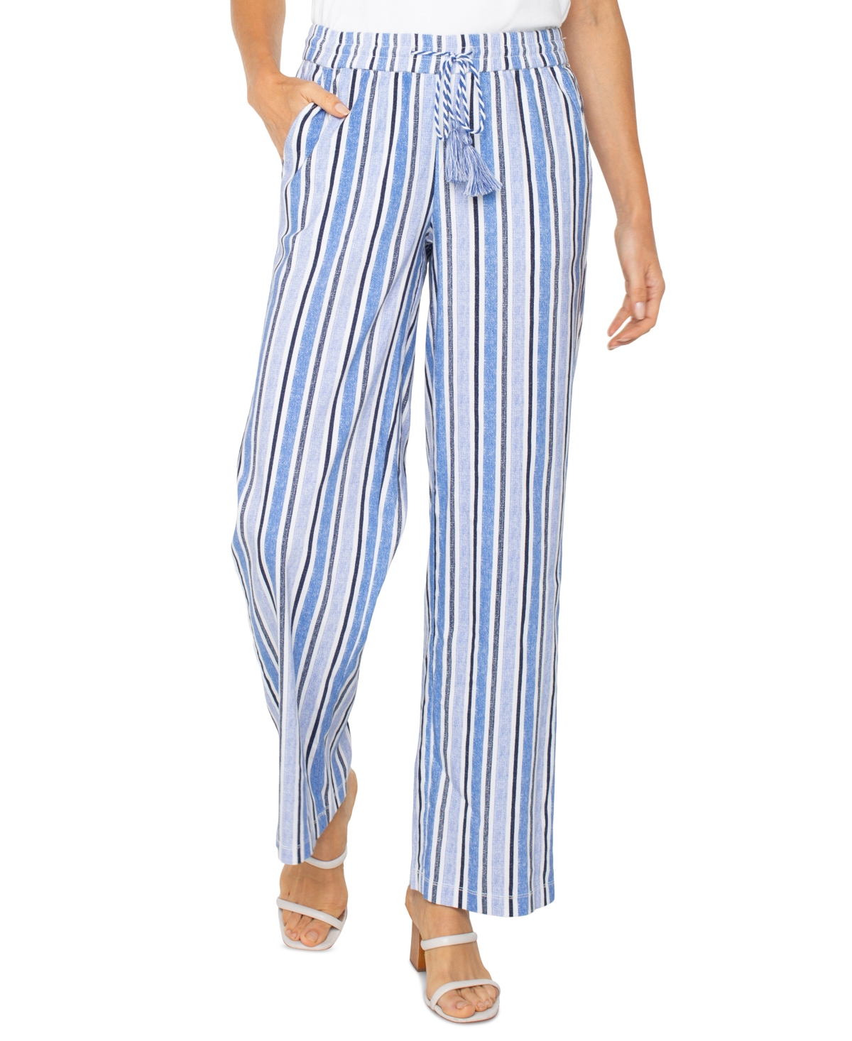 Liverpool Los Angeles Stripe Linen Blend Drawstring Wide Leg Pants In White Black Mlt Stripe